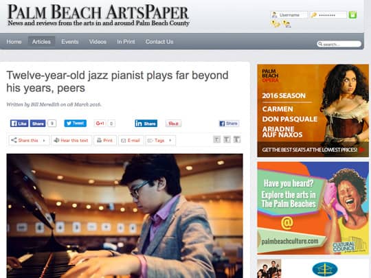 screenshot of Joey Alexander article on Palm Beach Arts Paper website
