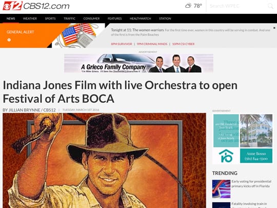 Indiana Jones Film with live Orchestra to open Festival of Arts BOCA