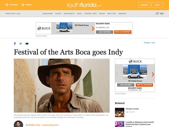 Screenshot of southflorida.com story on Raiders of the Lost Ark and Festival of the Arts BOCA