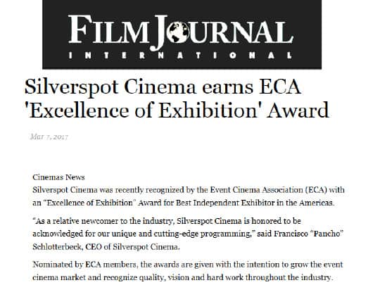 Film Journal International Excellence of Exhibition award Silverspot cinema
