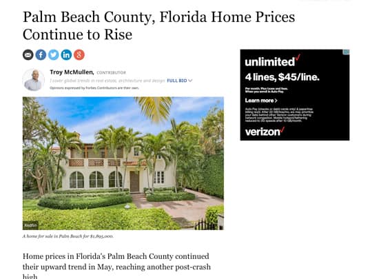 screenshot Forbes article on Palm Beach home prices