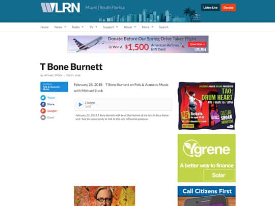 WLRN.com T Bone Burnett Polin PR placement