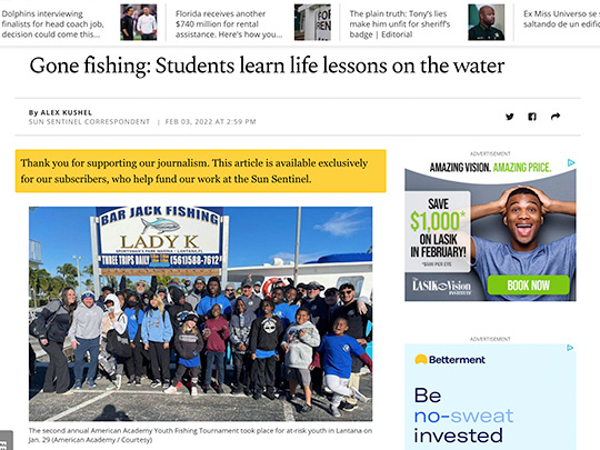 American Academy Youth Fishing Tournament Sun-Sentinel.com placement by Polin PR