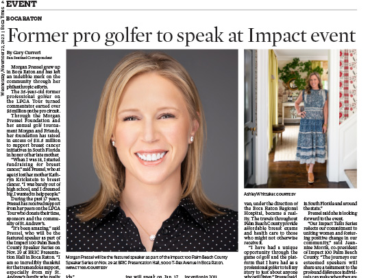 story in Boca Times Magazine - Pro golfer to speak at Impact 100, placement by Polin PR